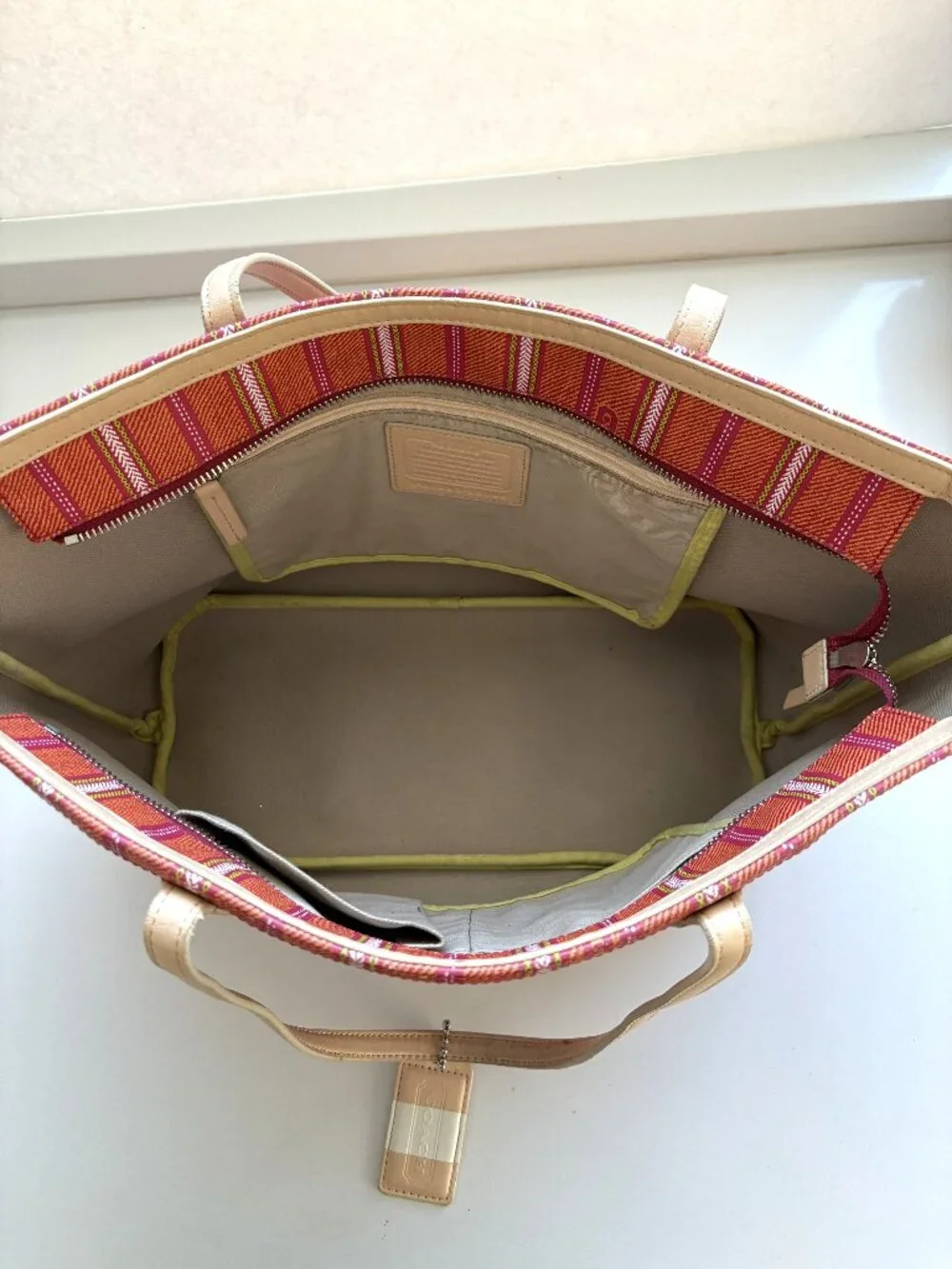 Coach Legacy Weekend Ticking PVC Tote Bag Handbag Pink Lime Orange Stripe 23108